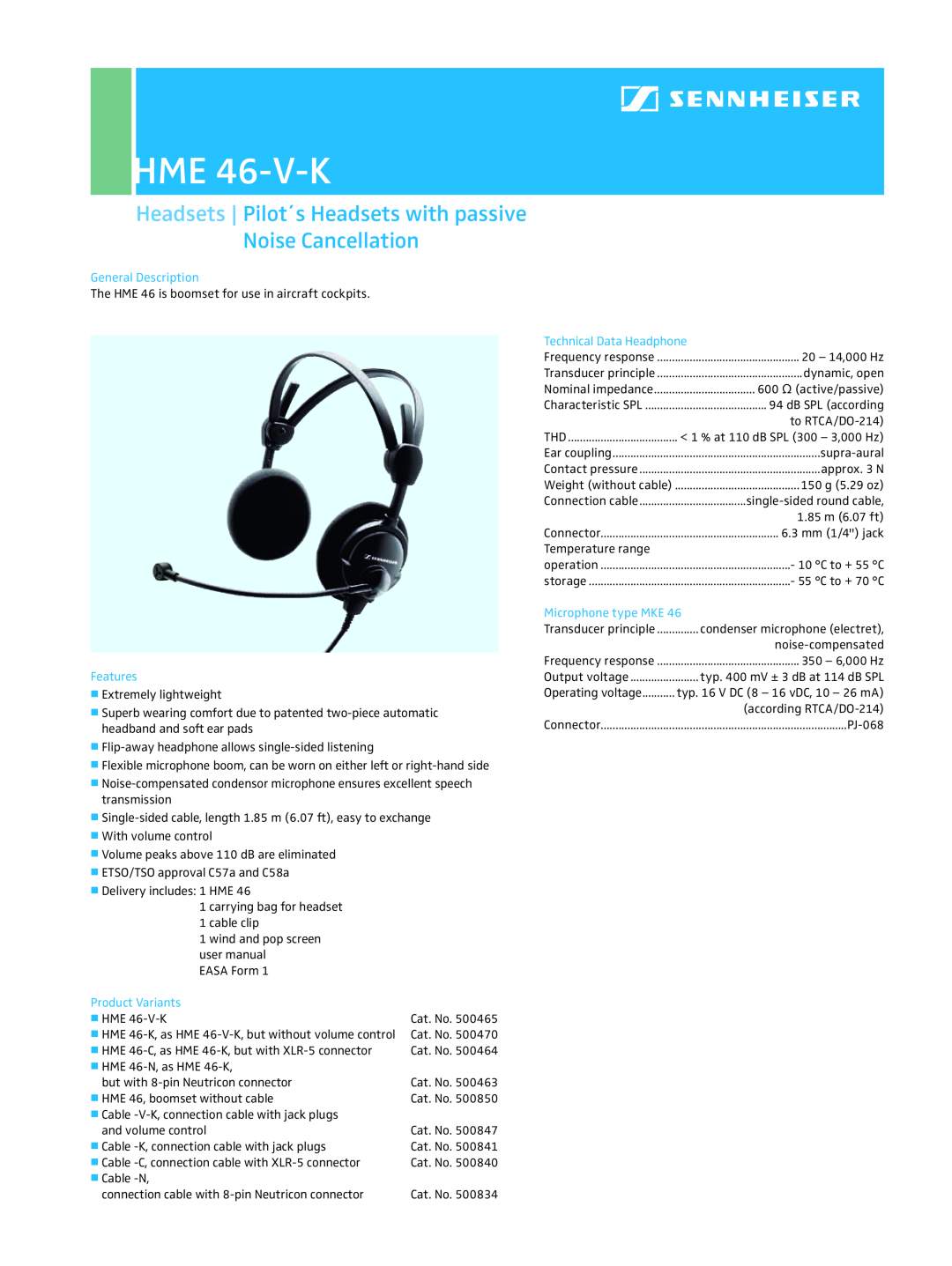 Sennheiser HME 46-V-K user manual Headsets Pilot´s Headsets with passive, Noise Cancellation, General Description 