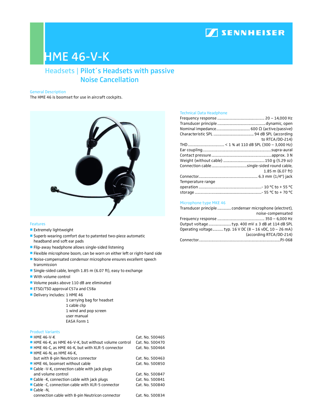 Sennheiser HME 46-V-K user manual Headsets Pilot´s Headsets with passive Noise Cancellation 