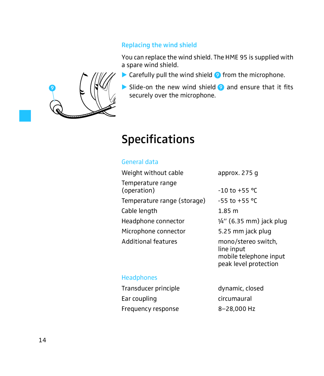 Sennheiser HME 95 instruction manual Specifications, Replacing the wind shield, General data, Headphones 