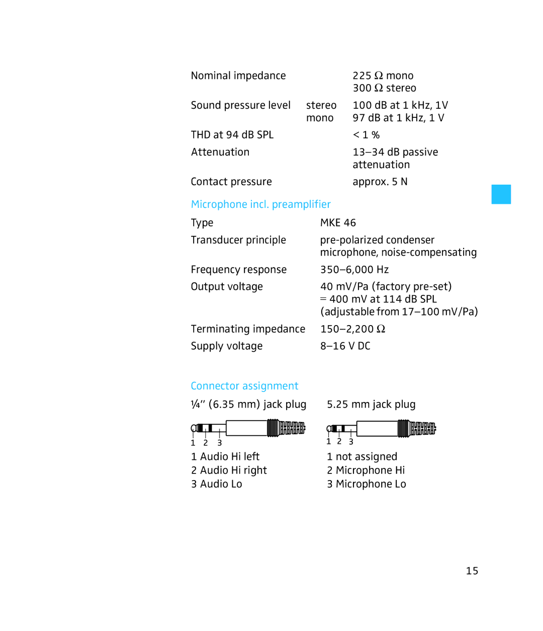 Sennheiser HME 95 instruction manual Microphone incl. preamplifier, Connector assignment 