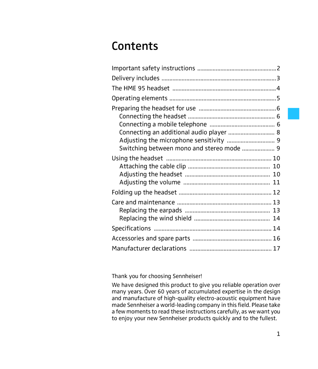 Sennheiser HME 95 instruction manual Contents 