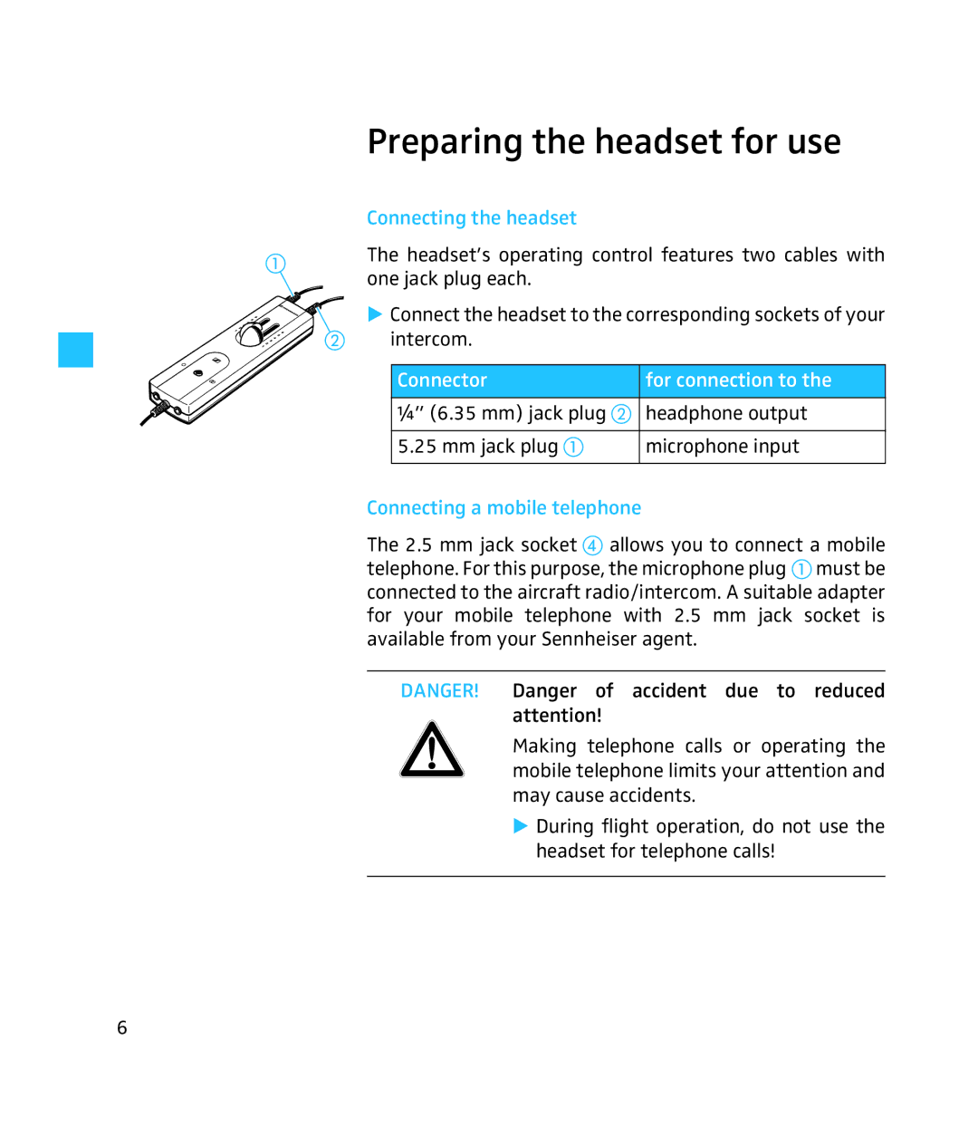 Sennheiser HME 95 instruction manual Preparing the headset for use, Connecting the headset, Connecting a mobile telephone 