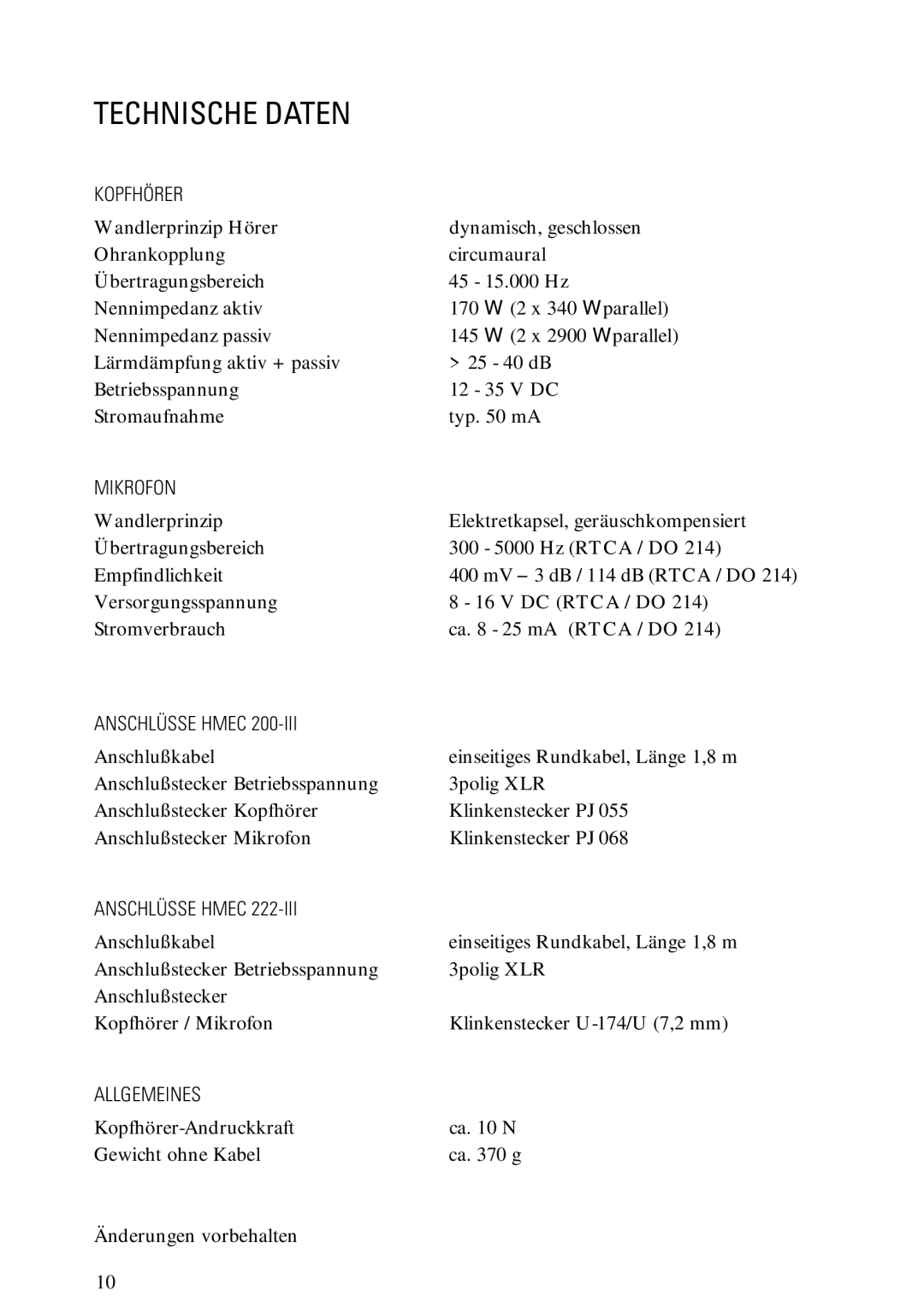 Sennheiser HMEC 200iii manual Technische Daten, Kopfhörer, Mikrofon, Anschlüsse Hmec, Allgemeines 