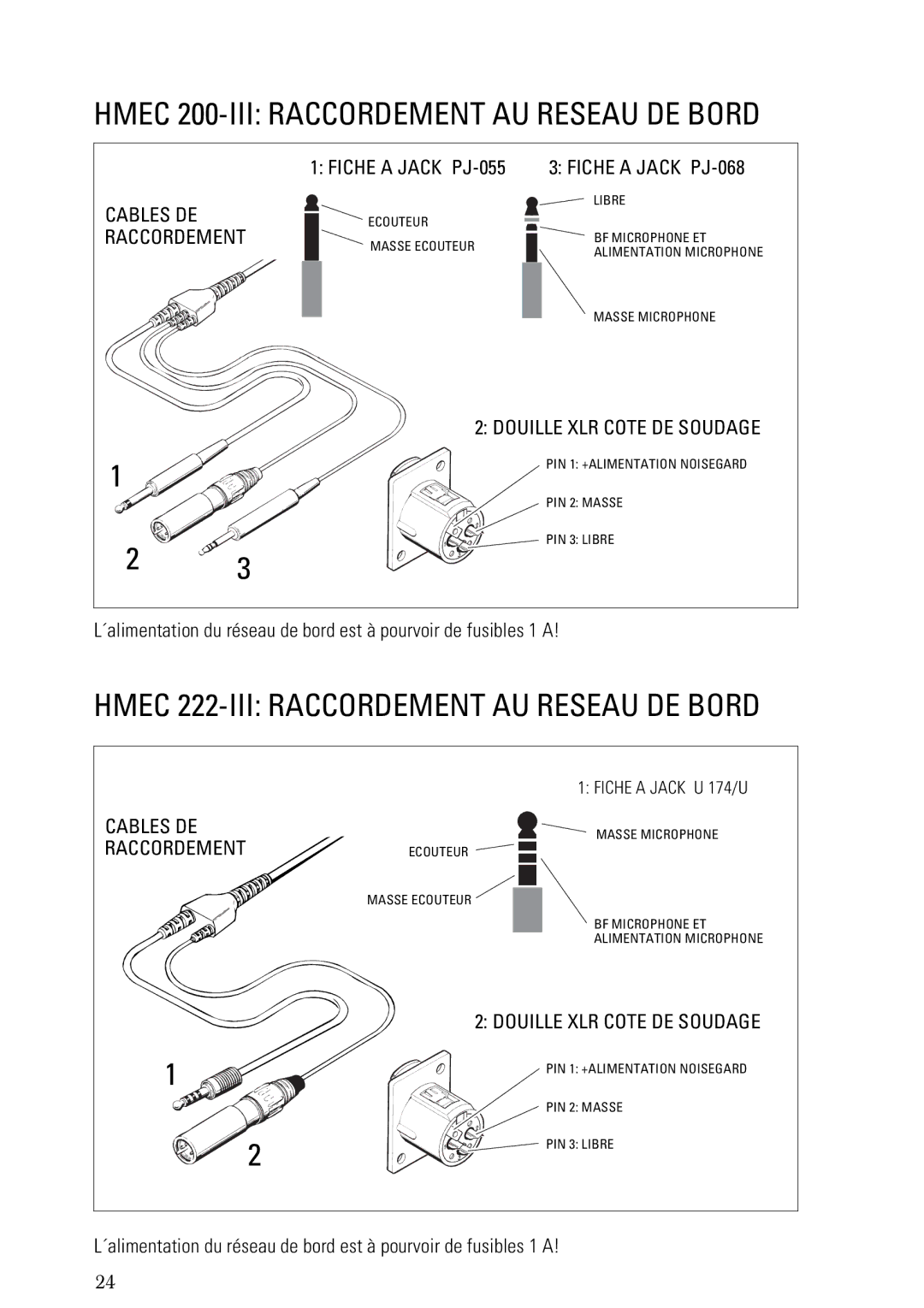 Sennheiser HMEC 200iii manual Hmec 200-III Raccordement AU Reseau DE Bord, Hmec 222-III Raccordement AU Reseau DE Bord 