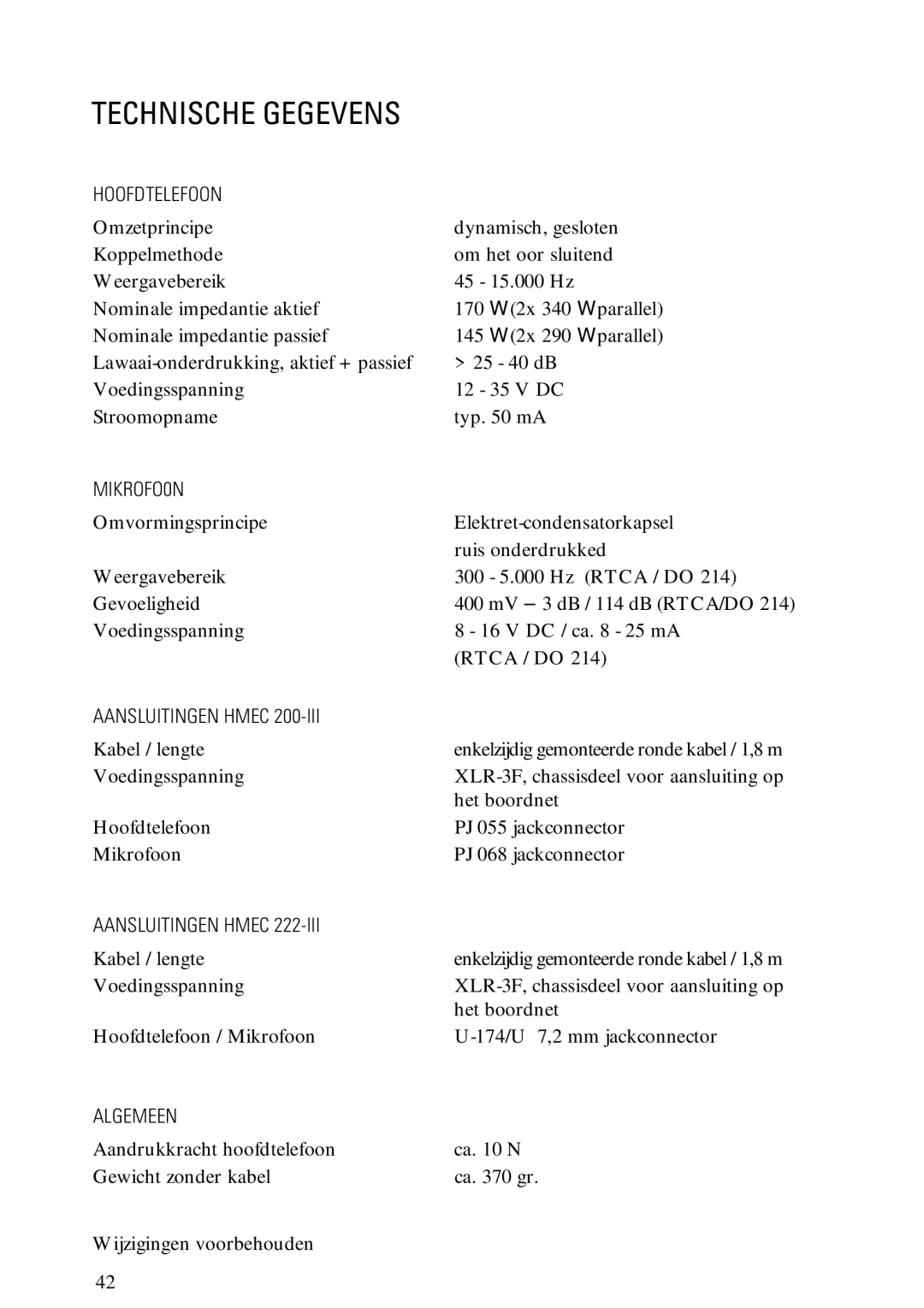 Sennheiser HMEC 200iii manual Technische Gegevens, Hoofdtelefoon, MIKROFO0N, Aansluitingen Hmec, Algemeen 