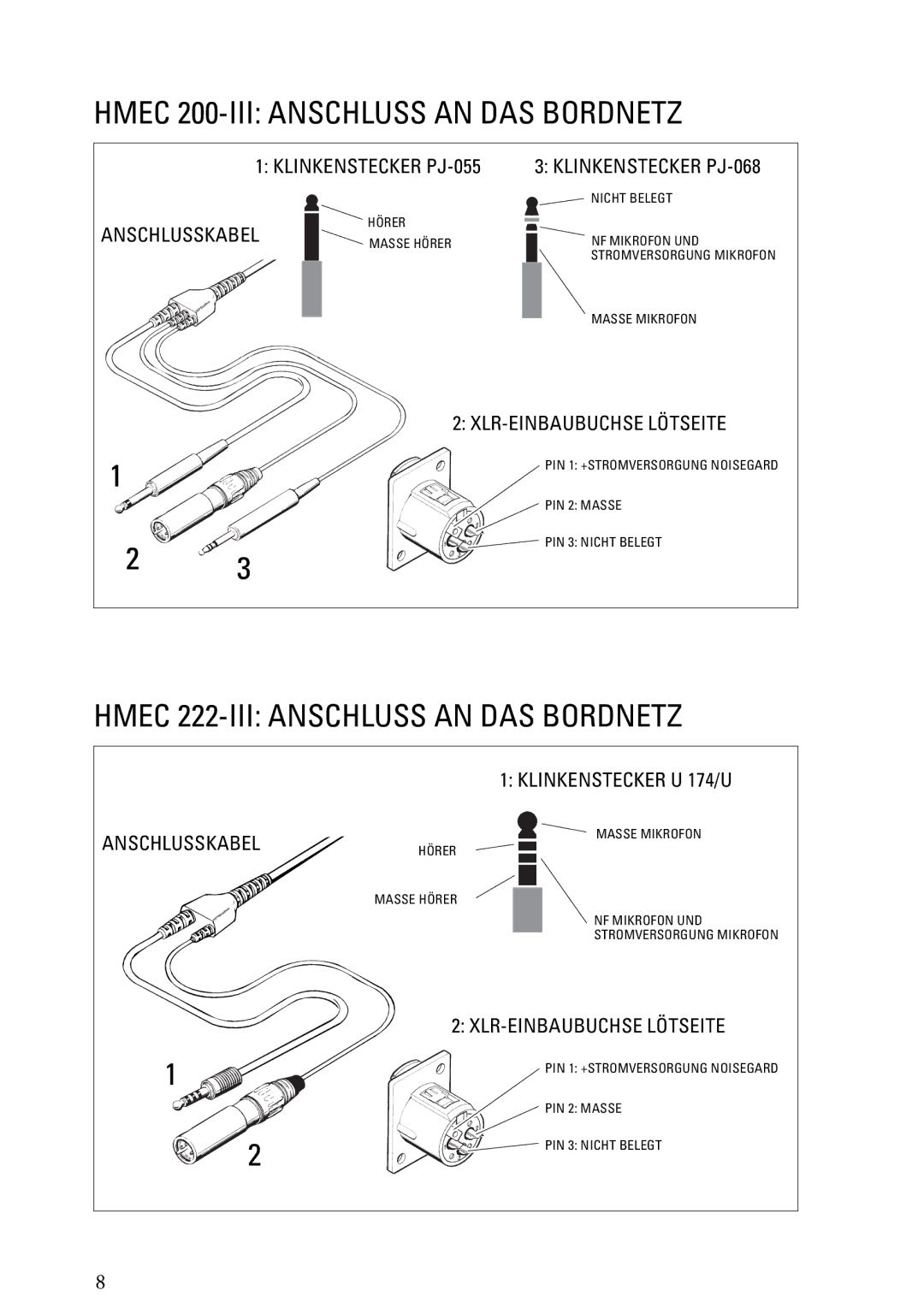 Sennheiser HMEC 200iii manual Hmec 200-III Anschluss AN DAS Bordnetz, Hmec 222-III Anschluss AN DAS Bordnetz 