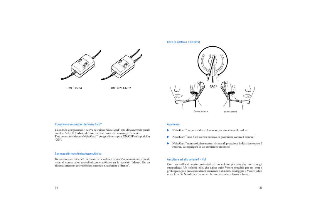 Sennheiser HMEC 25-6A manual Conexión y desconexión del NoiseGard, Conmutación monofónico/estereofónico, Awertenze 