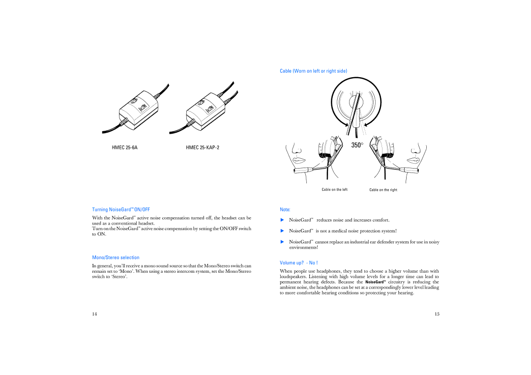 Sennheiser HMEC 25-6A Turning NoiseGard ON/OFF, Mono/Stereo selection, Cable Worn on left or right side, Volume up? No 