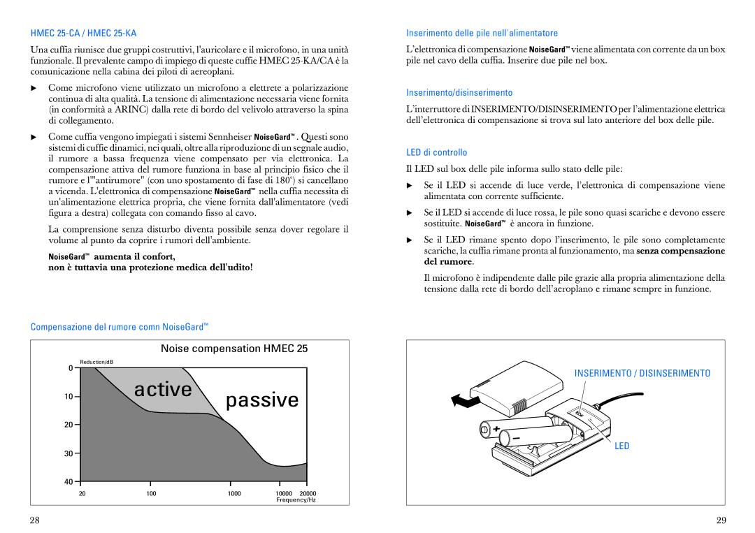 Sennheiser HMEC 25-KA Compensazione del rumore comn NoiseGard, Inserimento delle pile nellalimentatore, LED di controllo 