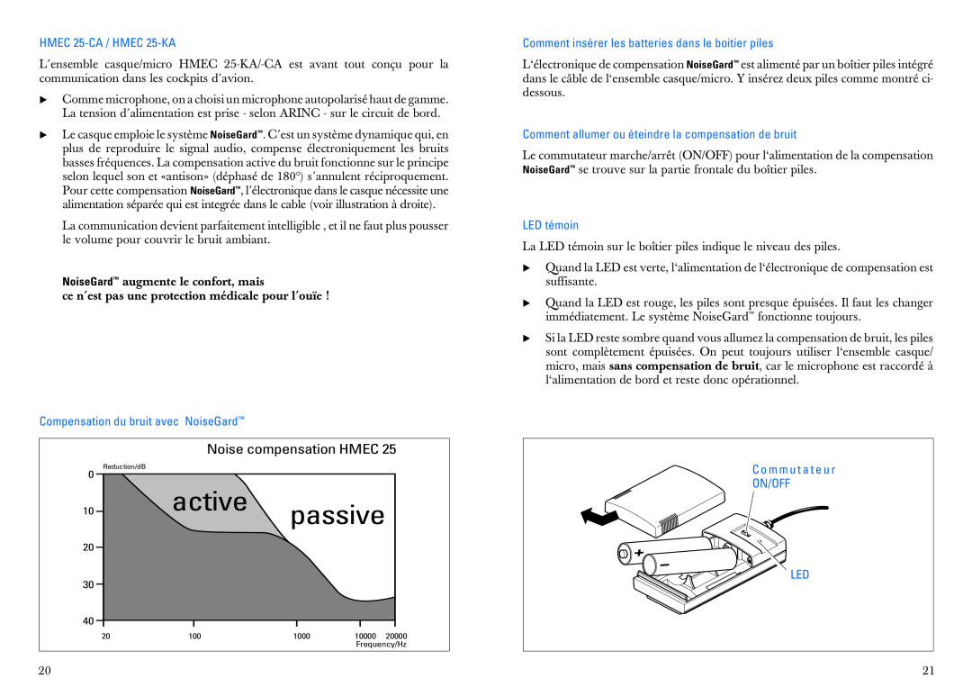 Sennheiser manual active, passive, Noise compensation HMEC, HMEC 25-CA /HMEC 25-KA, Compensation du bruit avec NoiseGard 
