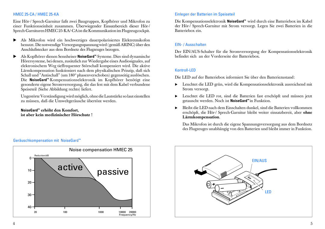 Sennheiser manual active, passive, Noise compensation HMEC, HMEC 25-CA /HMEC 25-KA, Geräuschkompensation mit NoiseGard 