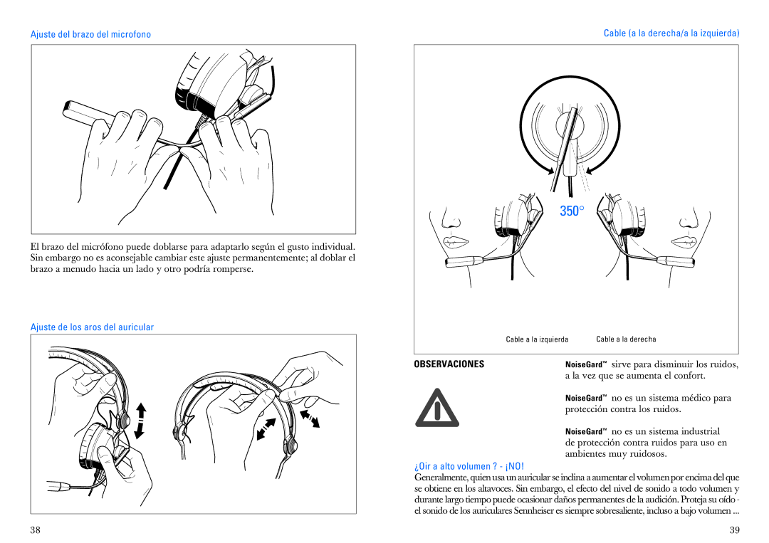 Sennheiser HMEC 25-CA manual Ajuste del brazo del microfono, Ajuste de los aros del auricular, ¿Oir a alto volumen ? ¡NO 