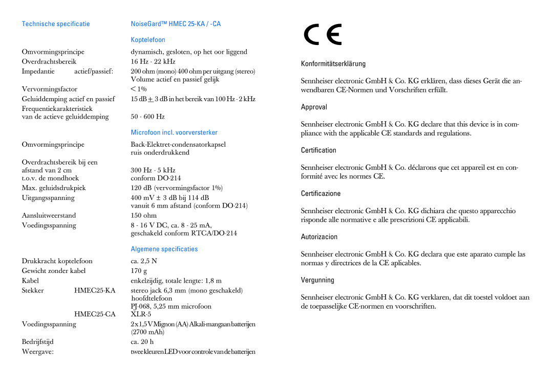 Sennheiser HMEC 25-CA manual Microfoon incl. voorversterker, Algemene specificaties 