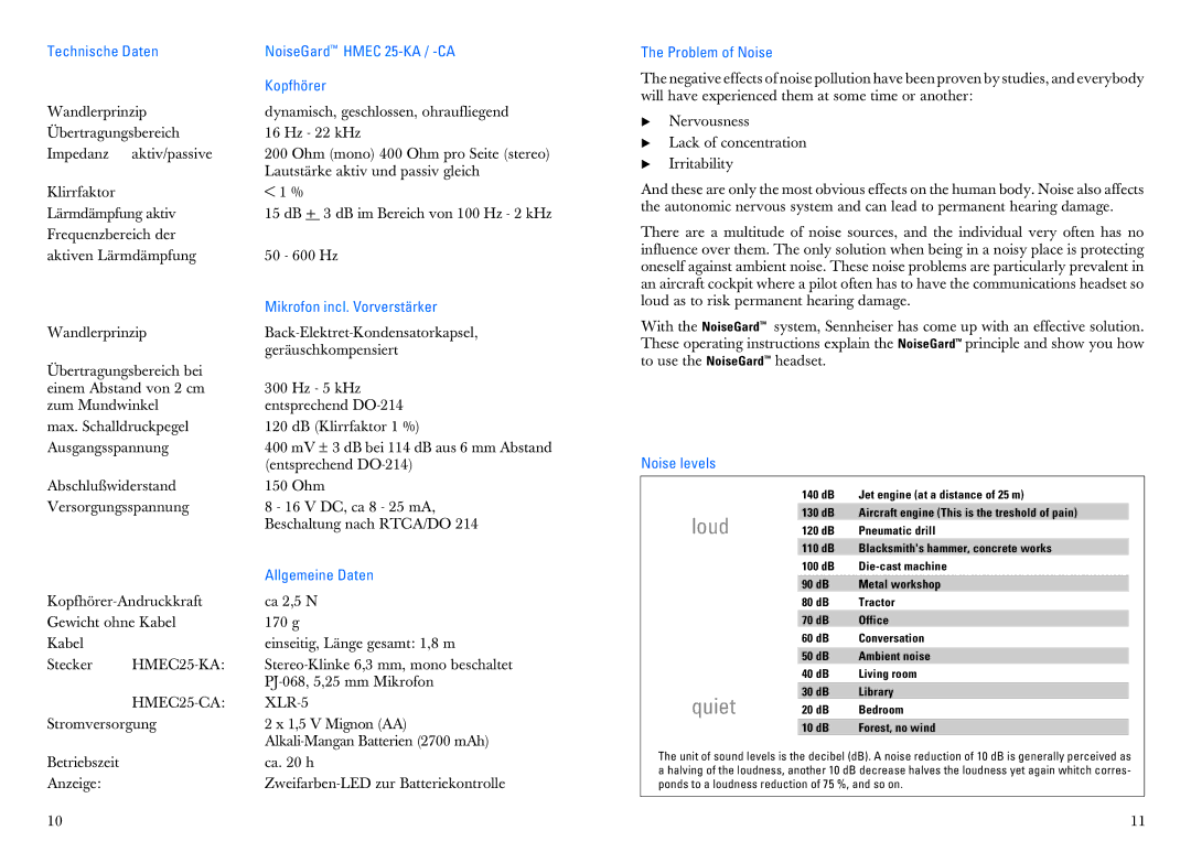 Sennheiser HMEC 25-CA manual Loud, Quiet 