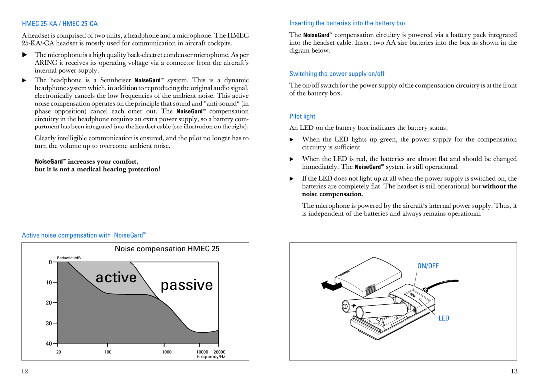 Sennheiser HMEC 25-CA Active noise compensation with NoiseGard, Inserting the batteries into the battery box, Pilot light 