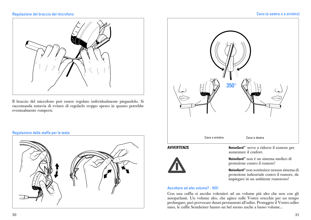 Sennheiser HMEC 25-CA manual Regolazione del braccio del microfono, Regolazione della staffa per la testa, Avvertenze 