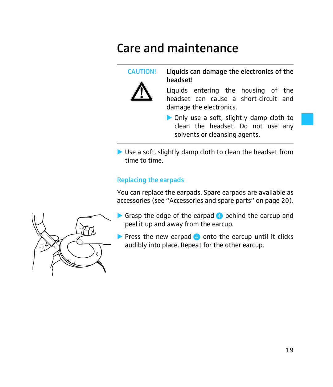 Sennheiser HMEC 250 instruction manual Care and maintenance, Replacing the earpads 