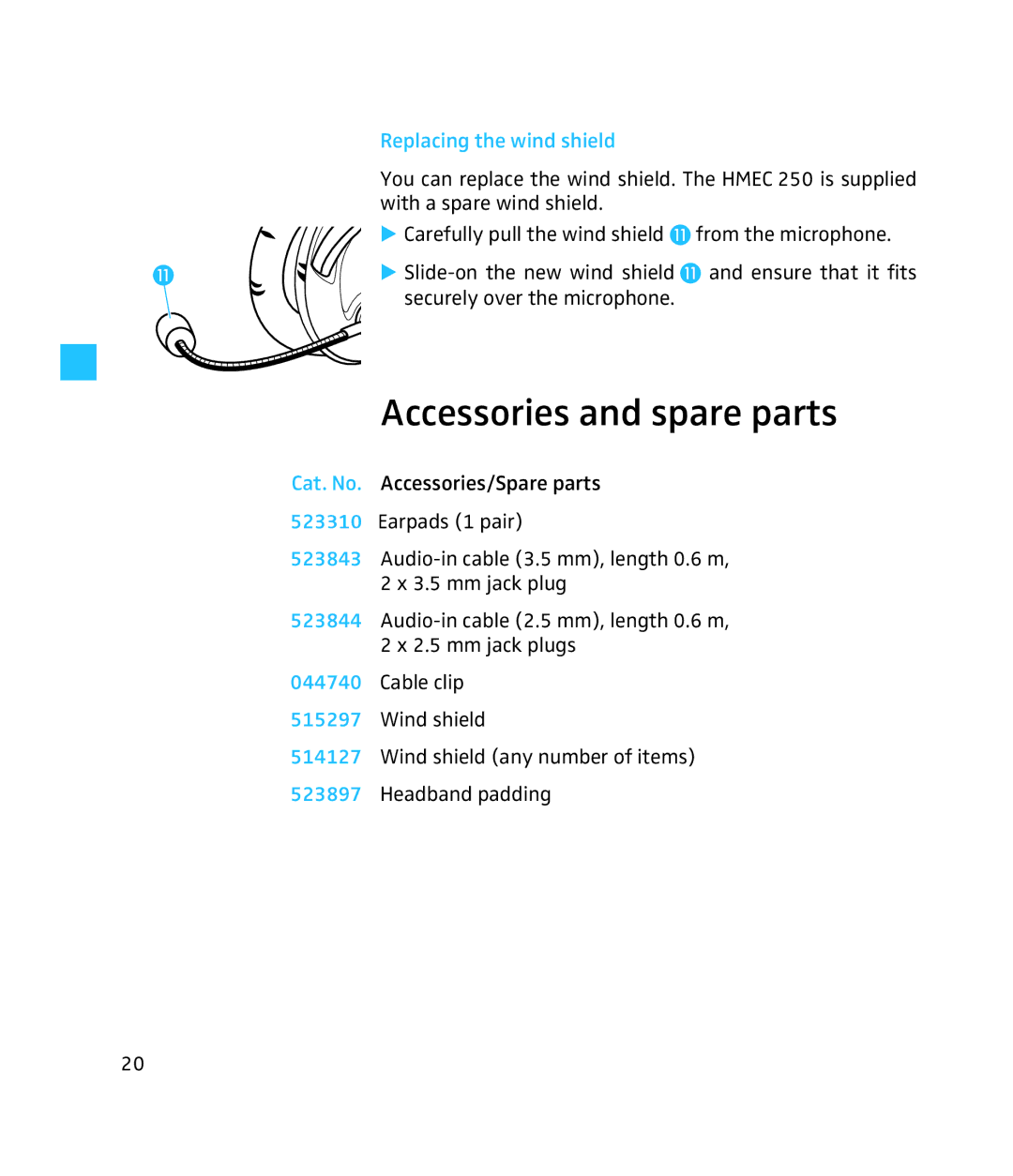 Sennheiser HMEC 250 instruction manual Accessories and spare parts, Replacing the wind shield 