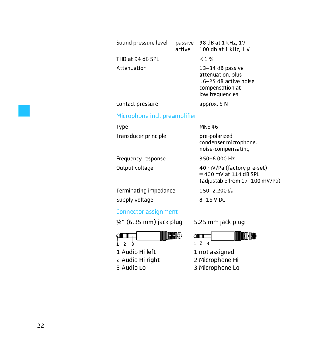 Sennheiser HMEC 250 instruction manual Microphone incl. preamplifier, Connector assignment 