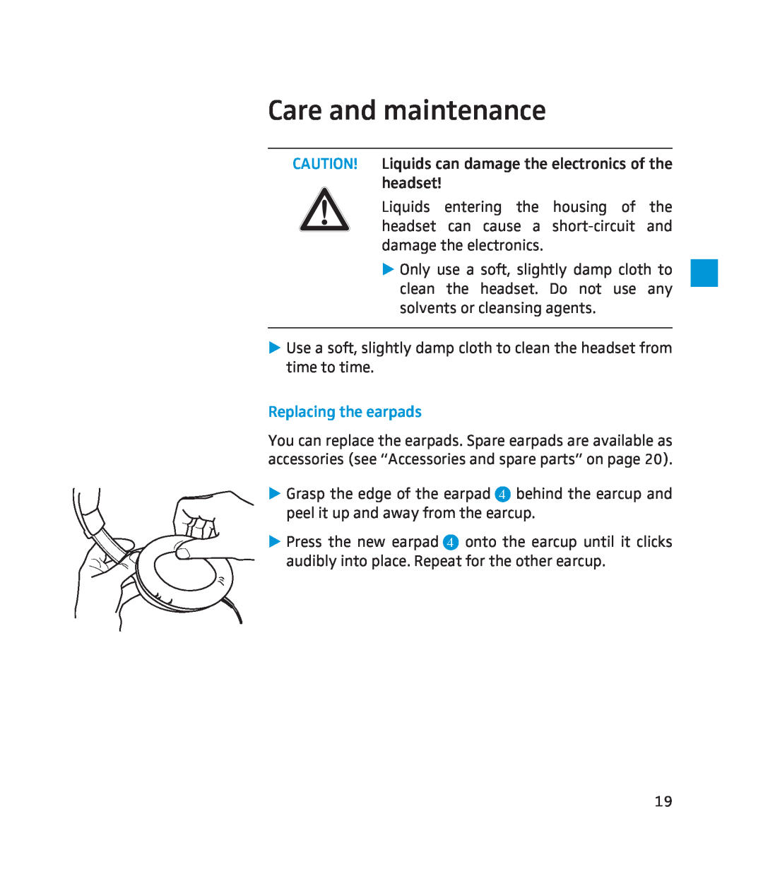 Sennheiser HMEC 250 instruction manual Care and maintenance, Replacing the earpads 