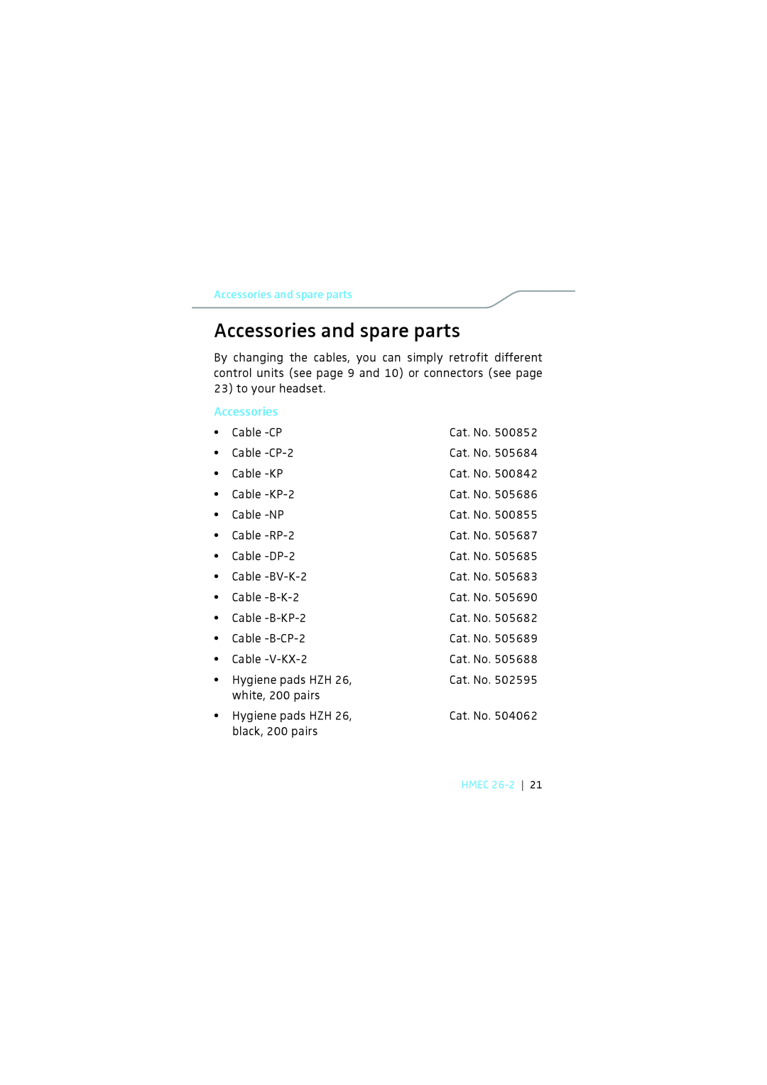 Sennheiser HMEC 26-2 instruction manual Accessories and spare parts 