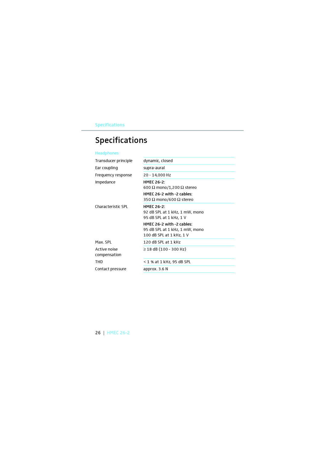 Sennheiser HMEC 26-2 instruction manual Specifications, Hmec, Headphones 