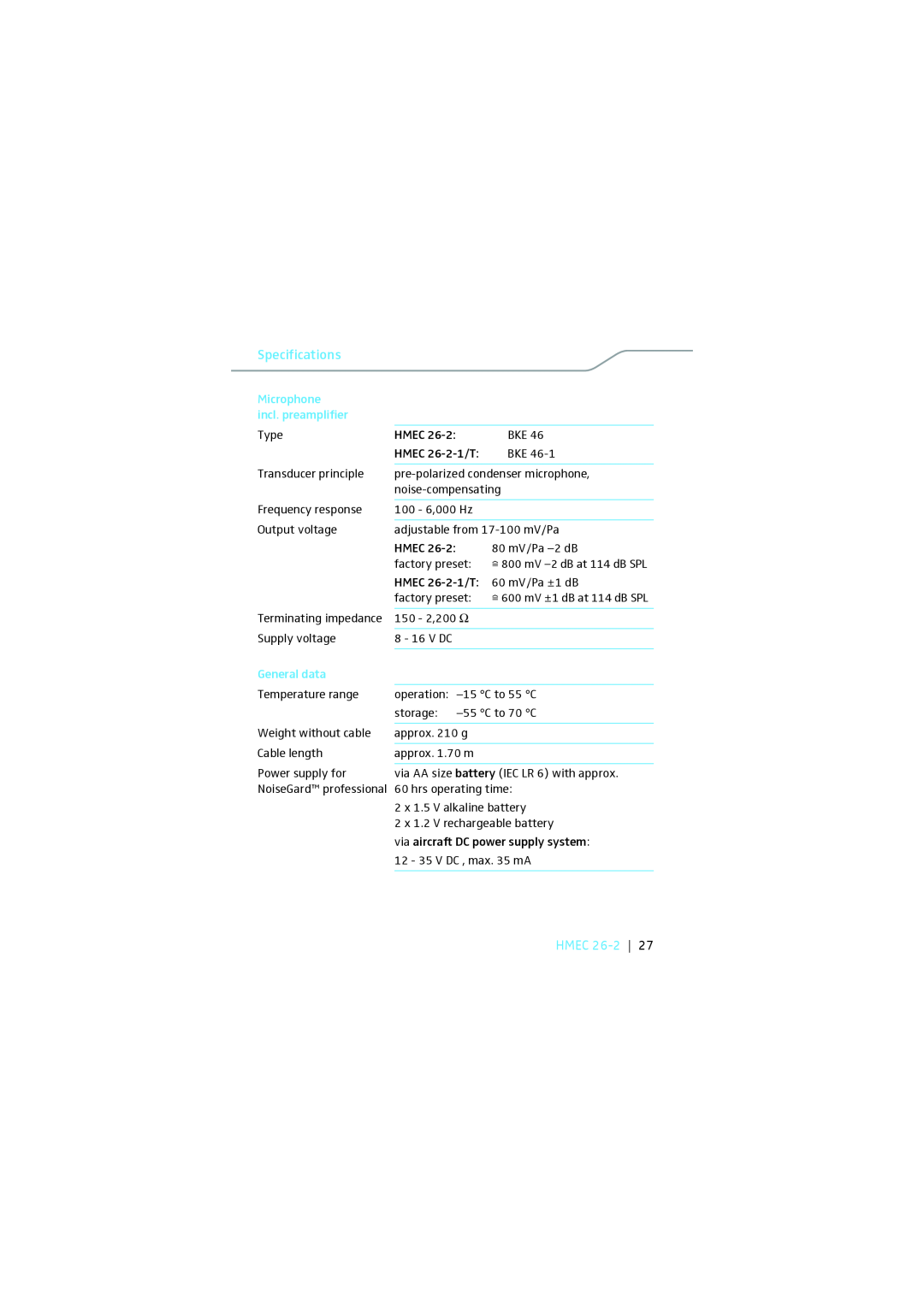 Sennheiser HMEC 26-2 Specifications, Hmec, Microphone incl. preamplifier, General data, NoiseGard professional 