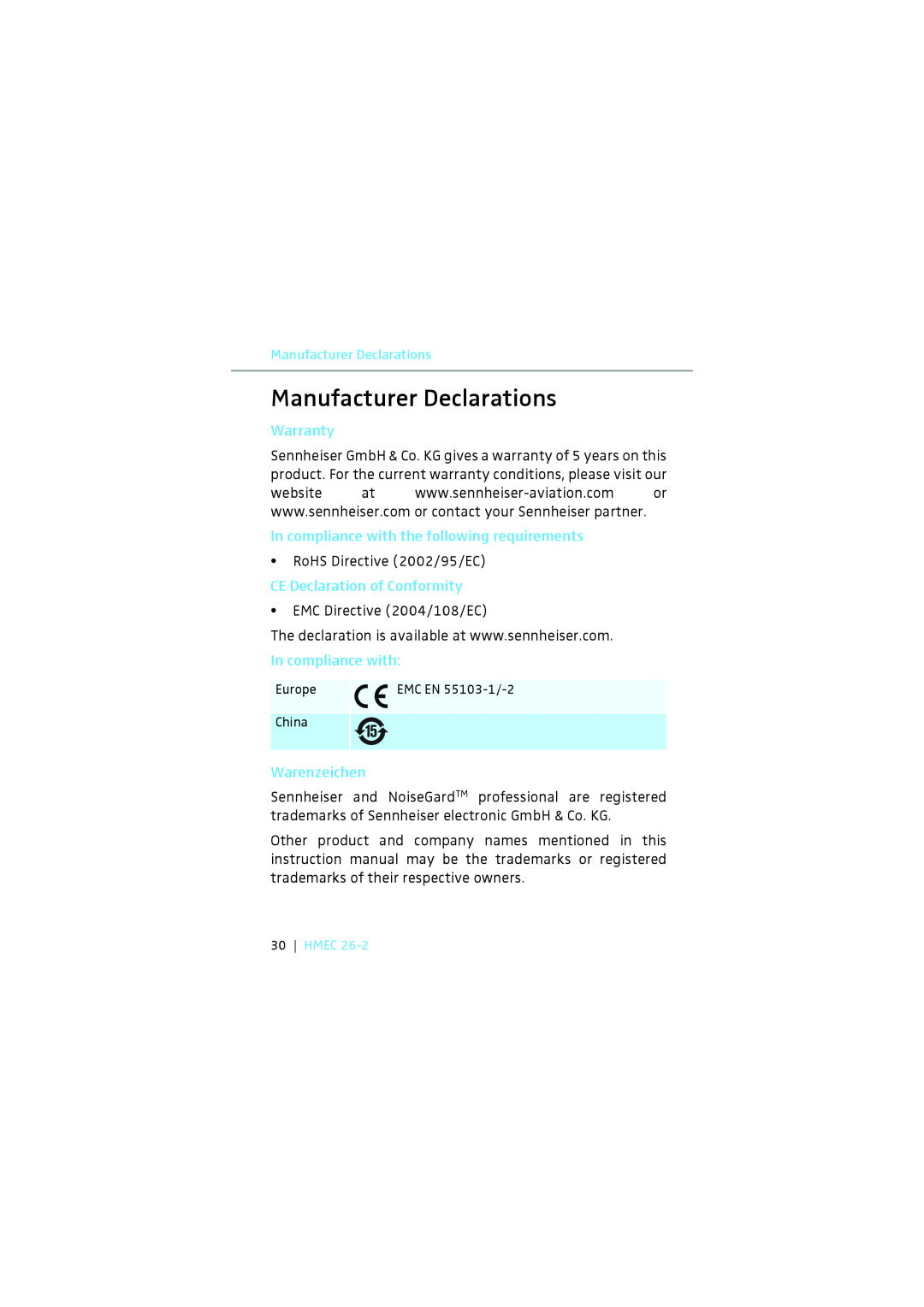 Sennheiser HMEC 26-2 Manufacturer Declarations, Warranty, In compliance with the following requirements, Warenzeichen 