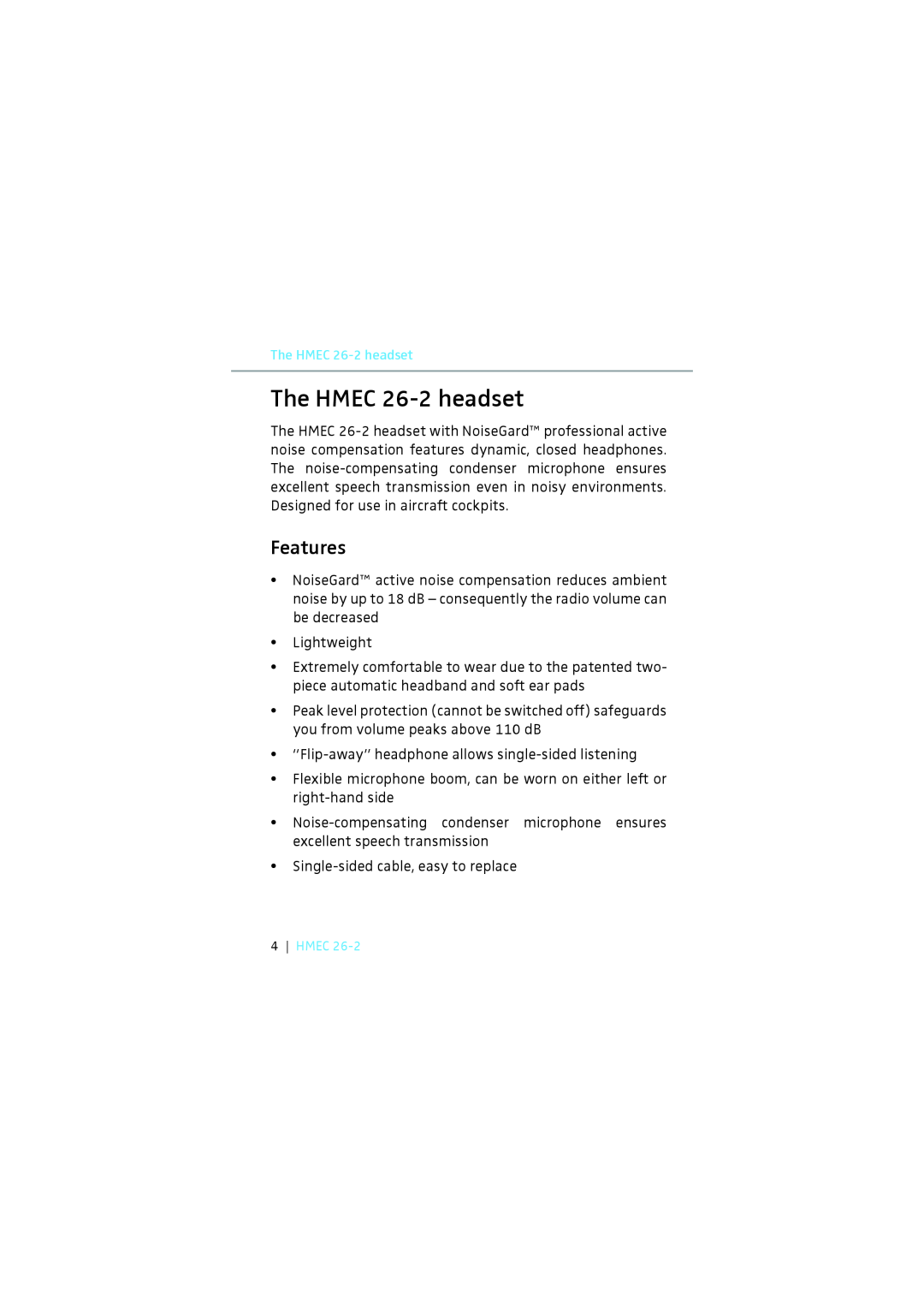 Sennheiser instruction manual The HMEC 26-2 headset, Features 
