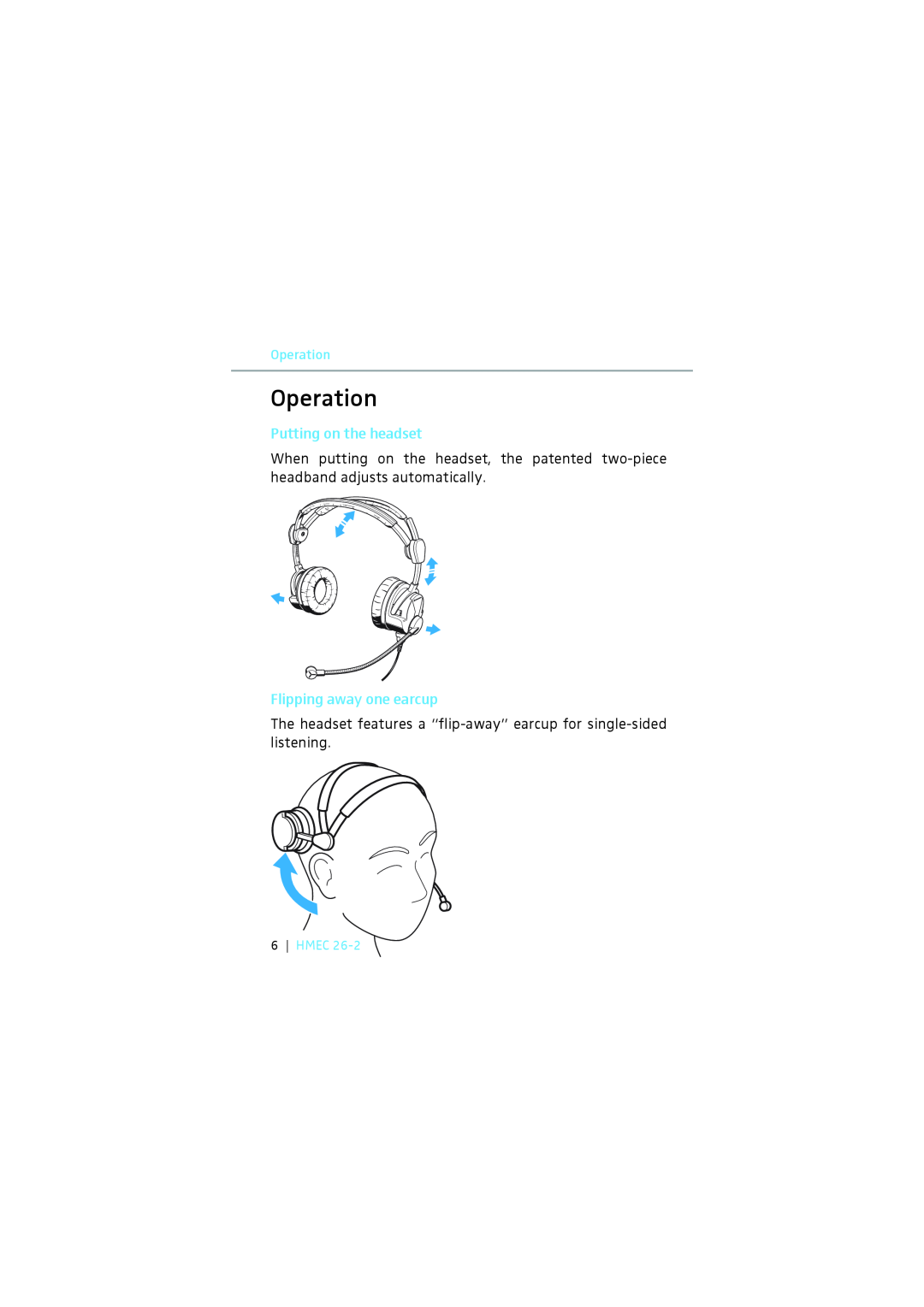 Sennheiser HMEC 26-2 instruction manual Operation, Putting on the headset, Flipping away one earcup, Hmec 