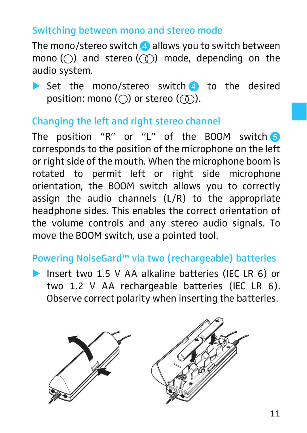 Sennheiser 523983/A01, HMEC 26, 502399 Switching between mono and stereo mode, Changing the left and right stereo channel 