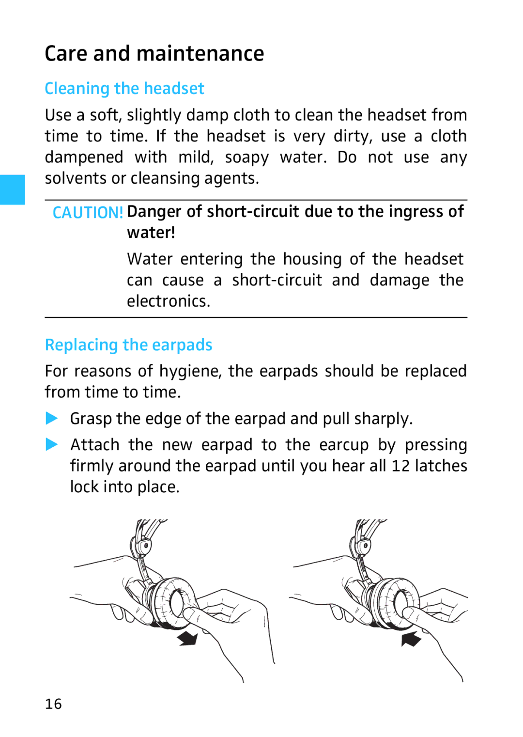 Sennheiser HMEC 26, 523983/A01, 502399 instruction manual Care and maintenance, Cleaning the headset, Replacing the earpads 