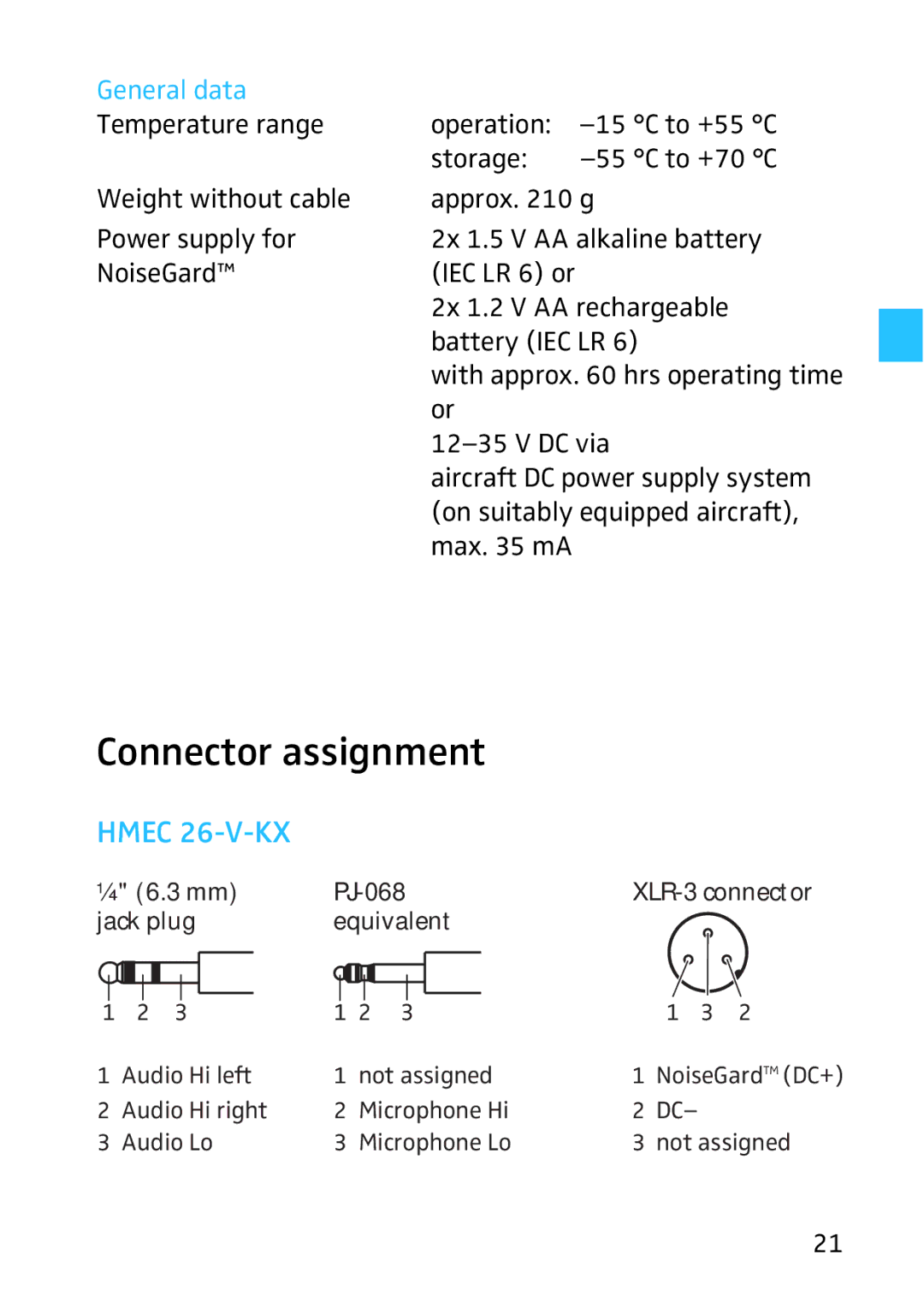 Sennheiser 502399, HMEC 26, 523983/A01 instruction manual Connector assignment, General data 