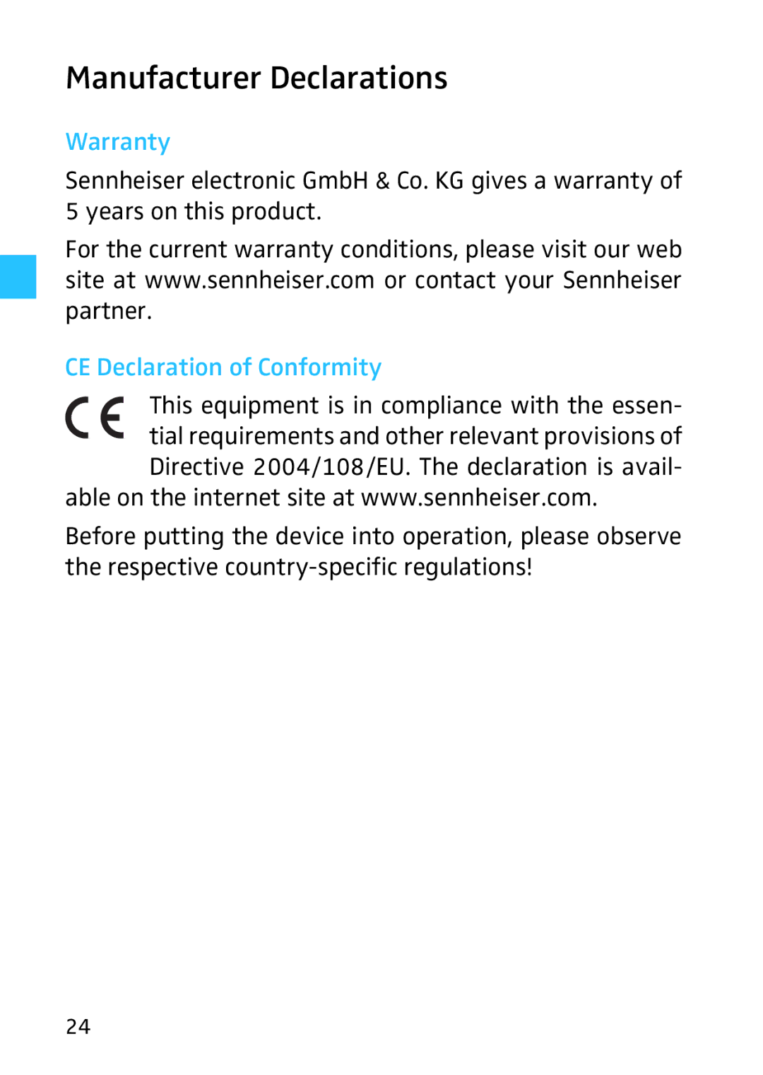 Sennheiser 502399, HMEC 26, 523983/A01 instruction manual Manufacturer Declarations, Warranty, CE Declaration of Conformity 