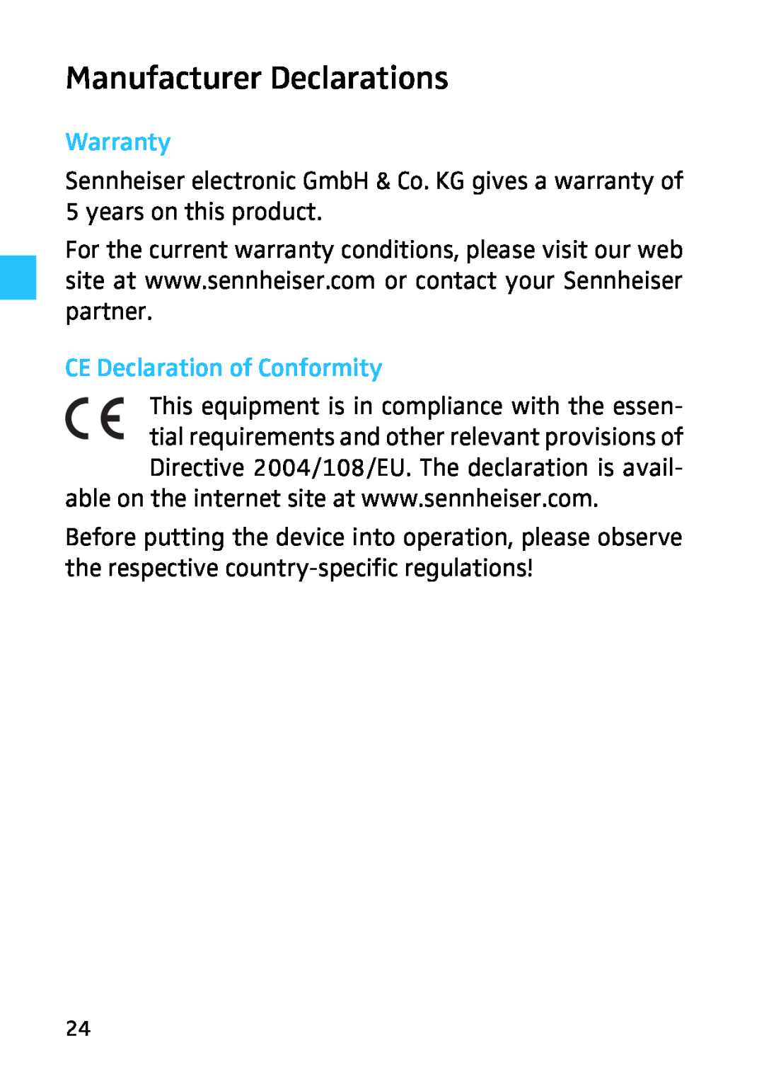 Sennheiser 502399, HMEC 26, 523983/A01 instruction manual Manufacturer Declarations, Warranty, CE Declaration of Conformity 