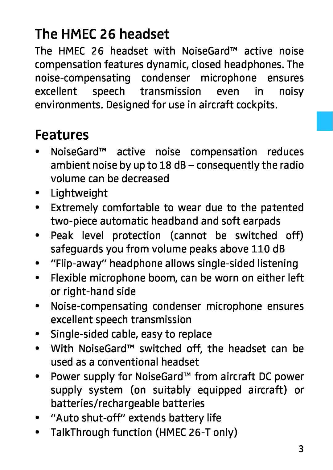 Sennheiser 502399, 523983/A01 instruction manual The HMEC 26 headset, Features 