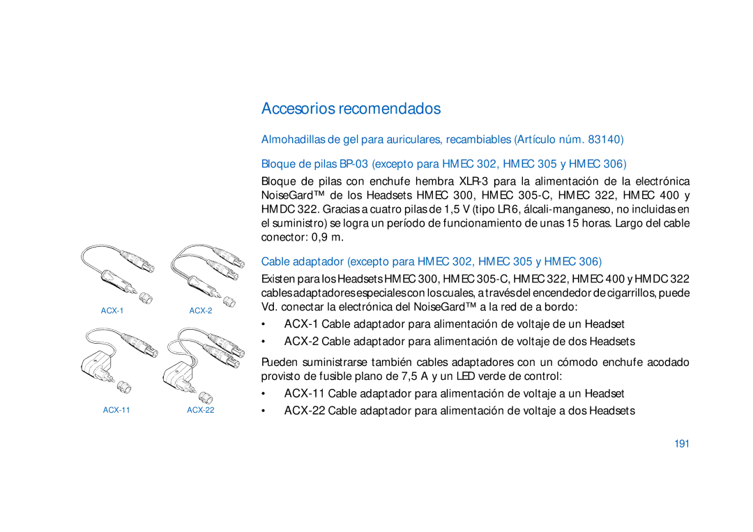 Sennheiser HMEC 302, HMEC 300 manual Accesorios recomendados, Cable adaptador excepto para Hmec 302, Hmec 305 y Hmec, 191 