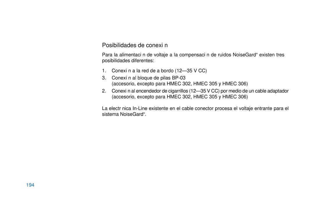 Sennheiser HMEC 300, HMDC 322, HMEC 400, HMEC 322, HMEC 302, HMEC 305-C, HMEC 306 manual Posibilidades de conexión, 194 