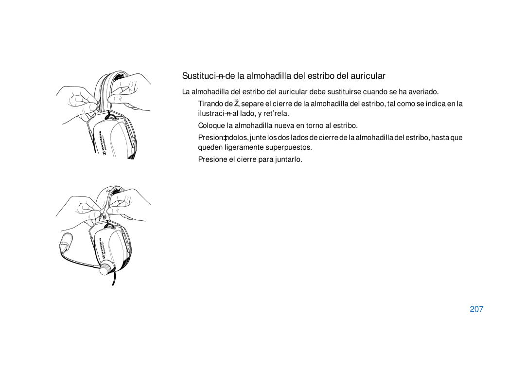 Sennheiser HMEC 302, HMEC 300, HMDC 322, HMEC 400, HMEC 322 manual Sustitución de la almohadilla del estribo del auricular, 207 