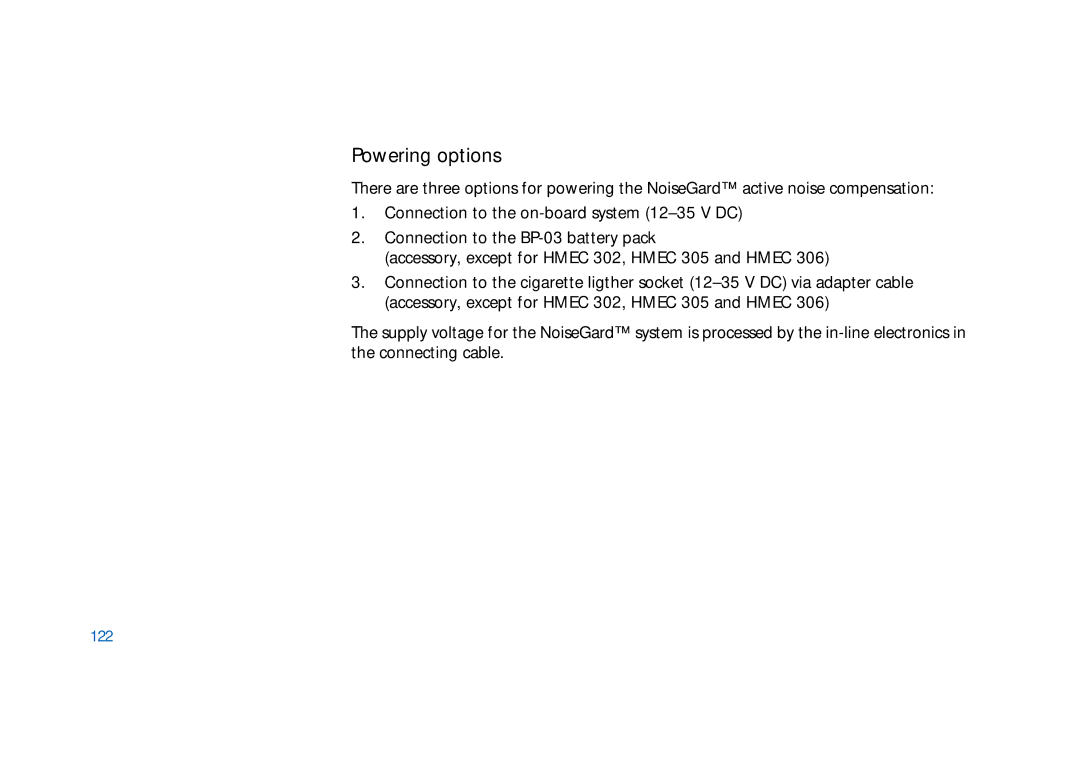 Sennheiser HMEC 300, HMDC 322, HMEC 400, HMEC 322, HMEC 302, HMEC 305-C, HMEC 306 manual Powering options, 122 