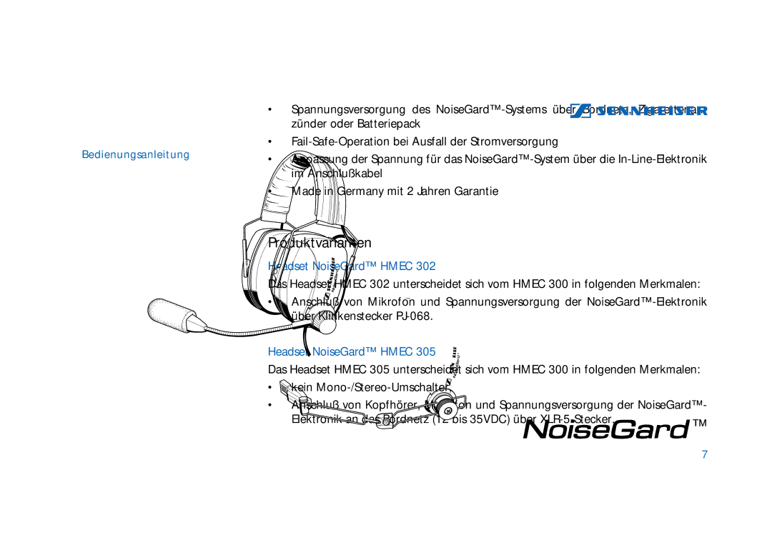 Sennheiser HMEC 302, HMEC 300, HMDC 322, HMEC 400, HMEC 322, HMEC 305-C, HMEC 306 manual Produktvarianten 