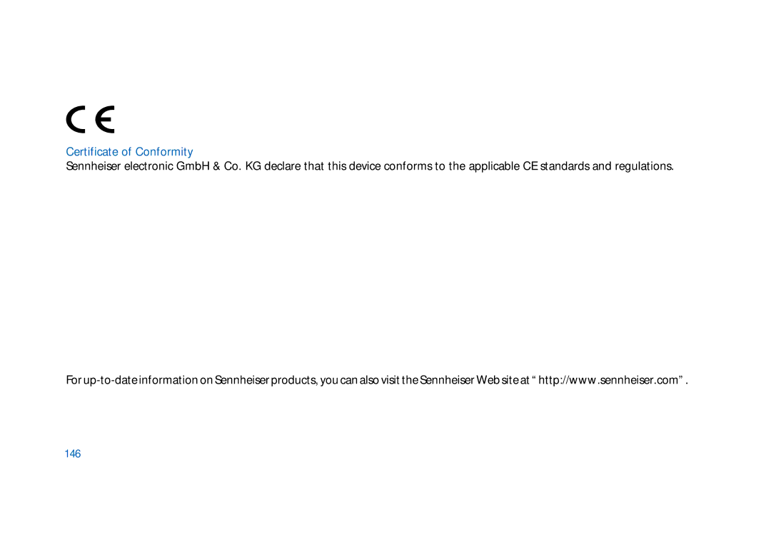 Sennheiser HMEC 300, HMDC 322, HMEC 400, HMEC 322, HMEC 302, HMEC 305-C, HMEC 306 manual Certificate of Conformity, 146 