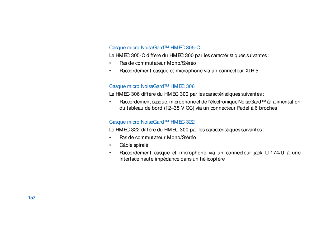 Sennheiser HMEC 305-C, HMEC 300, HMDC 322, HMEC 400, HMEC 322, HMEC 302, HMEC 306 manual Casque micro NoiseGard Hmec 305-C, 152 