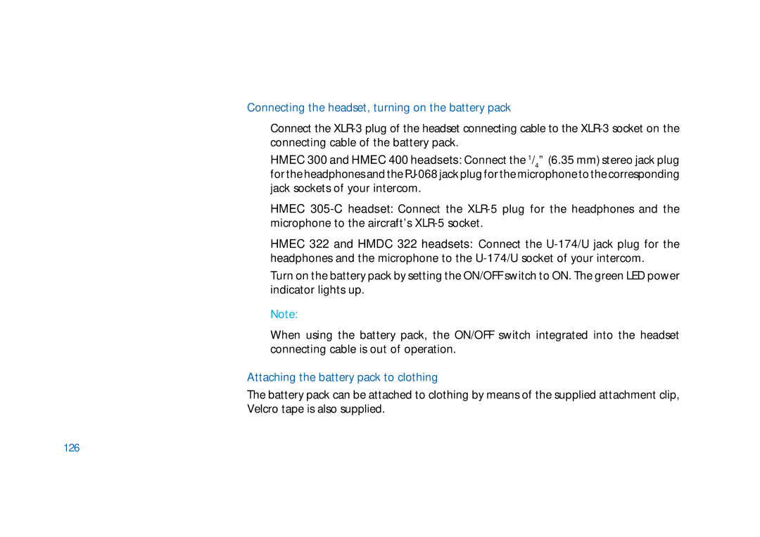 Sennheiser HMEC 300 manual Connecting the headset, turning on the battery pack, Attaching the battery pack to clothing, 126 