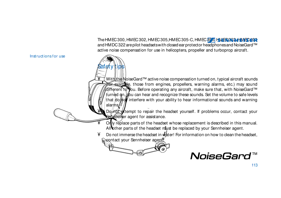 Sennheiser HMEC 322, HMEC 300, HMDC 322, HMEC 400, HMEC 302, HMEC 305-C, HMEC 306 manual Safety tips, 113 