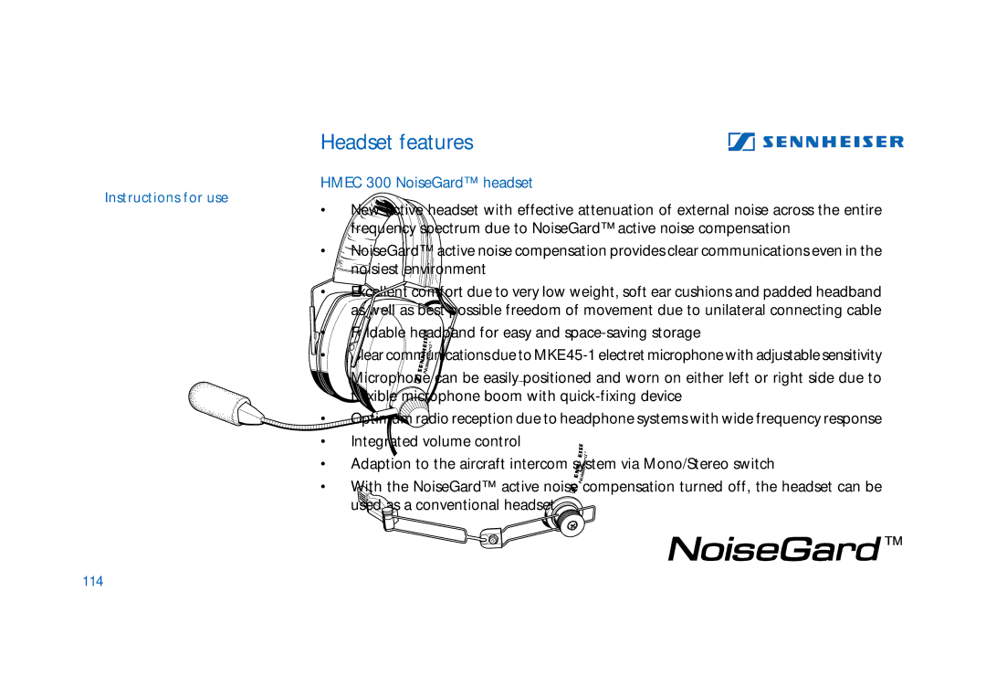 Sennheiser HMEC 305, HMEC 300, HMDC 322, HMEC 400, HMEC 322, HMEC 302 manual Headset features, Hmec 300 NoiseGard headset, 114 