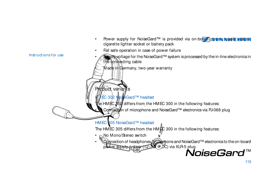 Sennheiser HMEC 302, HMEC 300, HMDC 322 manual Product variants, Hmec 302 NoiseGard headset, Hmec 305 NoiseGard headset, 115 