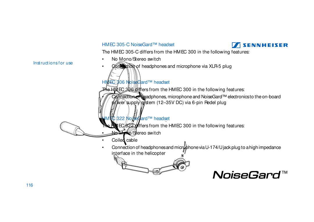 Sennheiser HMEC 305-C, HMEC 300 Hmec 305-C NoiseGard headset, Hmec 306 NoiseGard headset, Hmec 322 NoiseGard headset, 116 