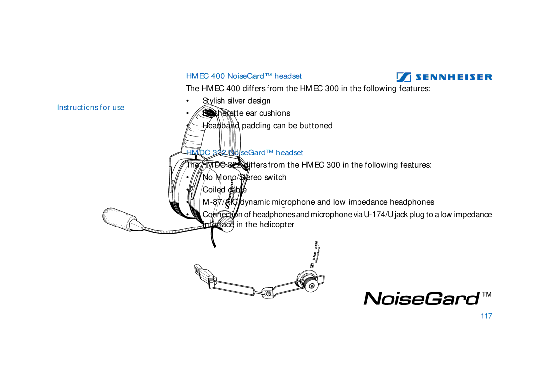 Sennheiser HMEC 306, HMEC 300, HMDC 322, HMEC 400, HMEC 322 manual Hmec 400 NoiseGard headset, Hmdc 322 NoiseGard headset, 117 