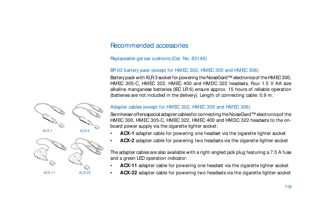 Sennheiser HMDC 322, HMEC 300, HMEC 400 Recommended accessories, Adapter cables except for Hmec 302, Hmec 305 and Hmec, 119 